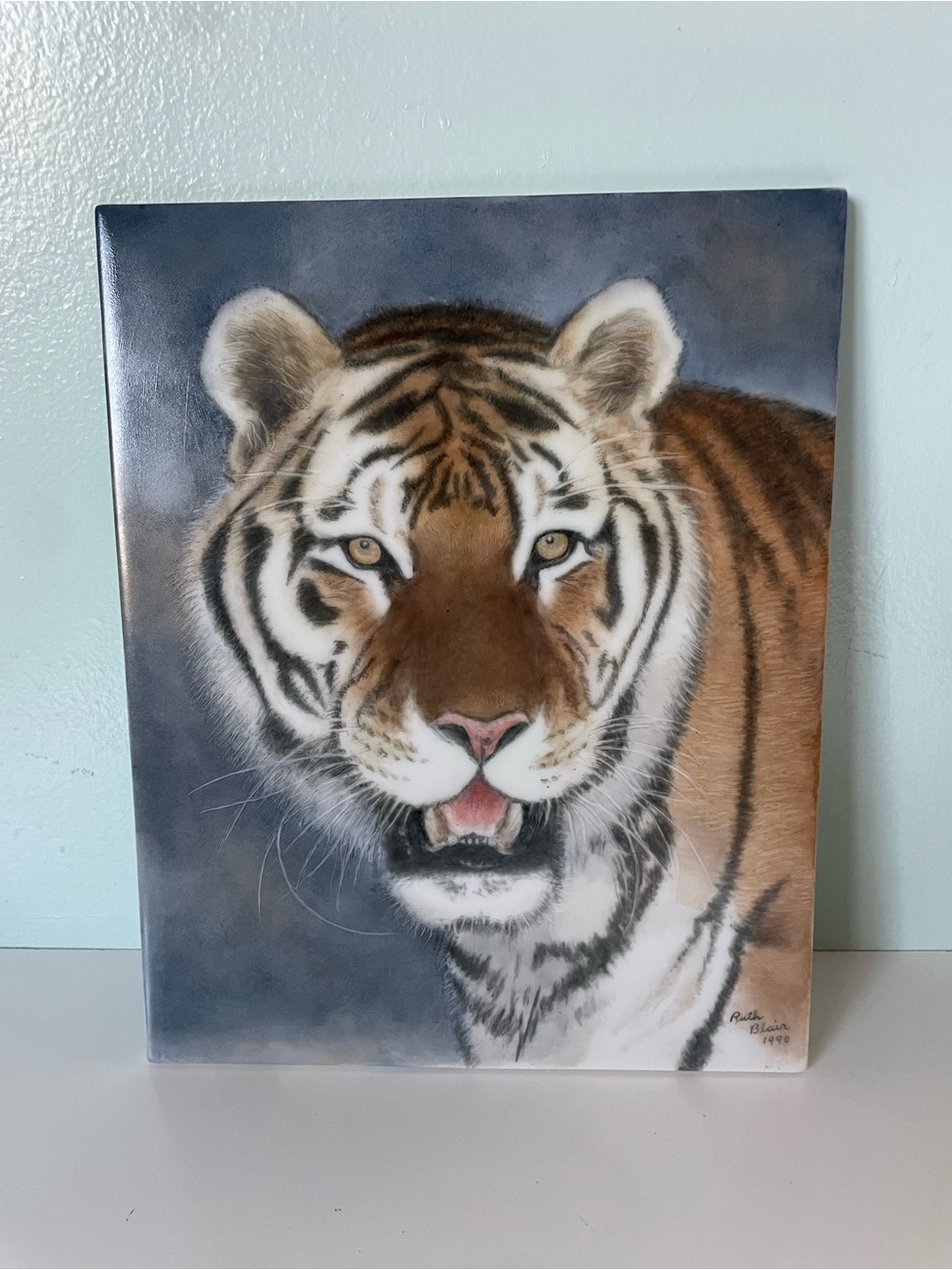 Vtg Striking Tiger Bengal Hand Painted Ceramic Tile Wall Art Decor Signed 1990